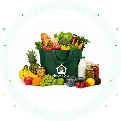 Fresh groceries arranged around a Grocery Ghar shopping bag